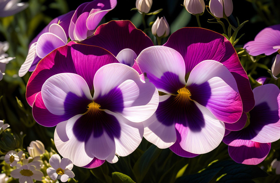 Colorful purple and white pansy flowers with yellow centers and green foliage.