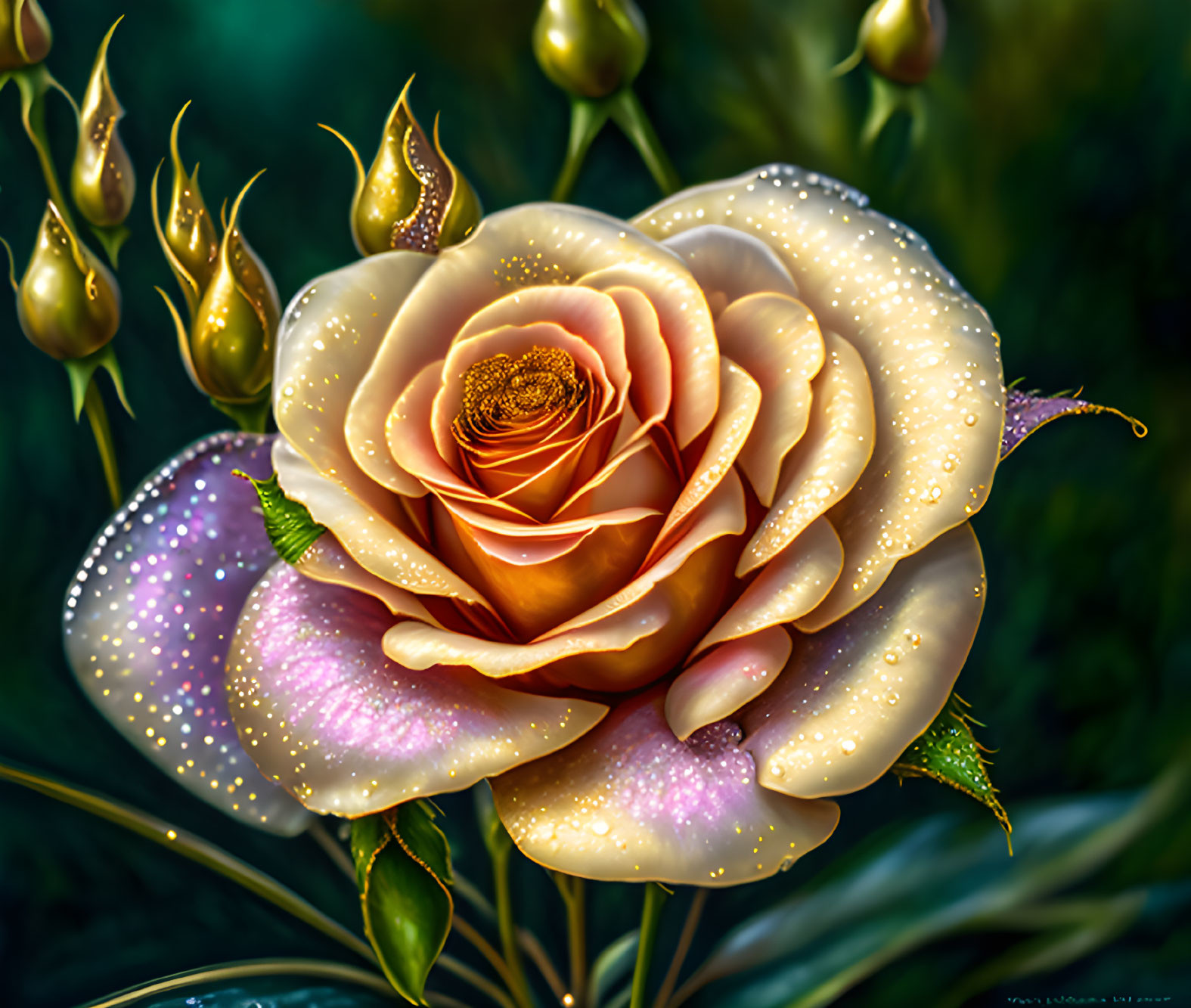 Digitally Rendered Peach to Pink Rose with Dew-Kissed Buds on Dark Green Background