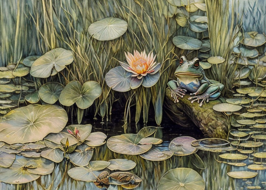 Frog on log with lily pads and pink water lily in pond