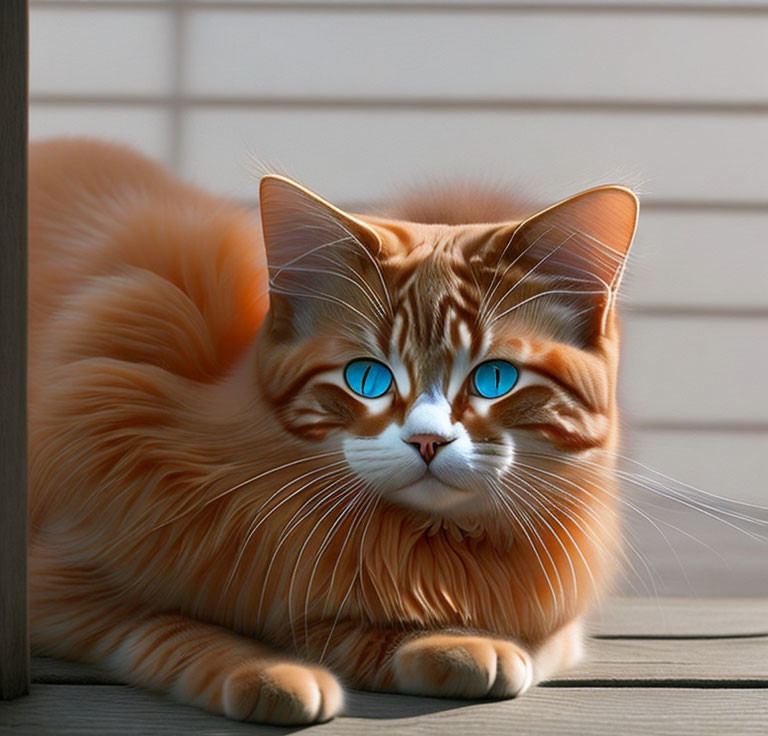 Striking Blue-Eyed Orange Cat Resting on Wooden Deck