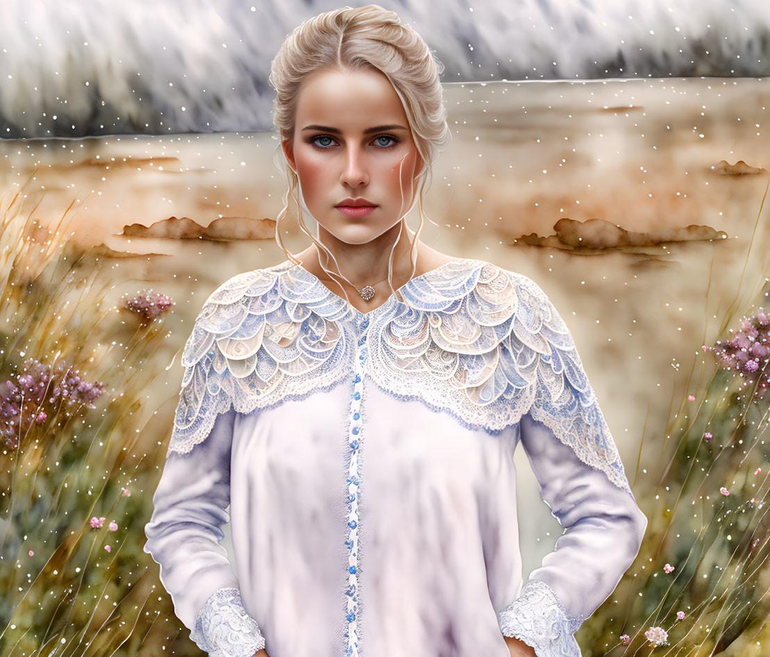 Illustration: Woman with platinum blonde hair in white dress with blue accents, surrounded by snowy landscape and