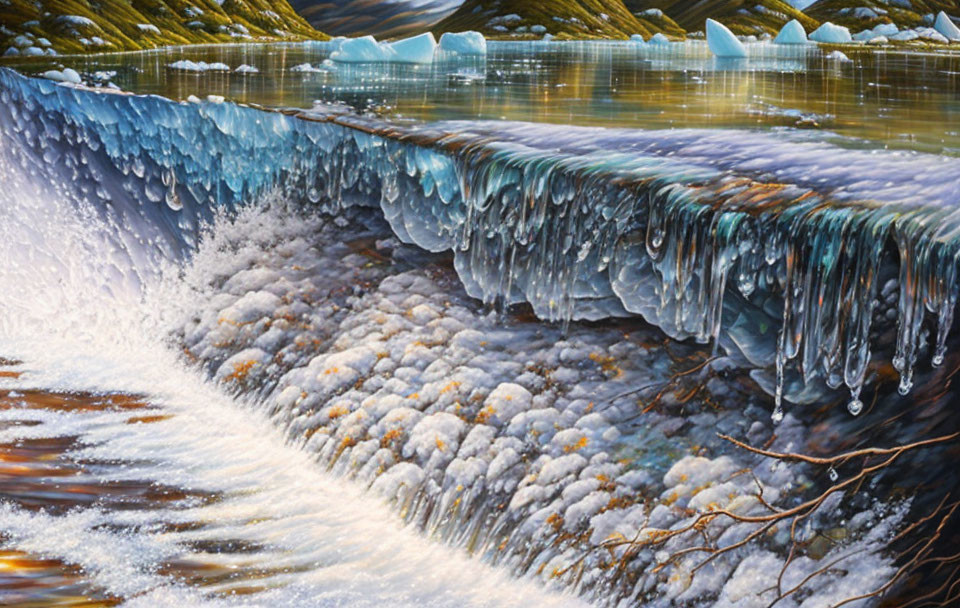 Hyperrealistic Frozen Waterfall Painting with Icicles and Icebergs
