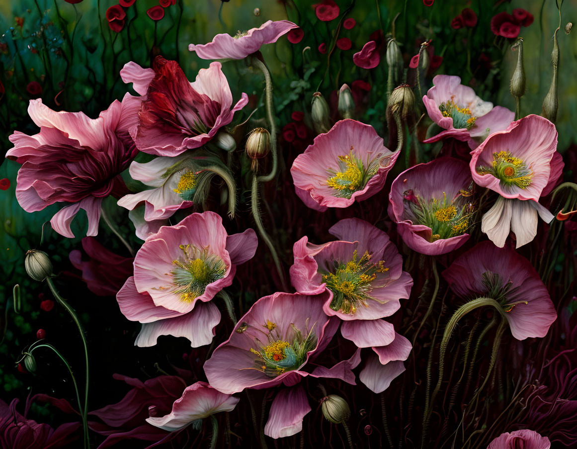 Vibrant pink poppies with detailed petals and yellow stamens against lush green foliage