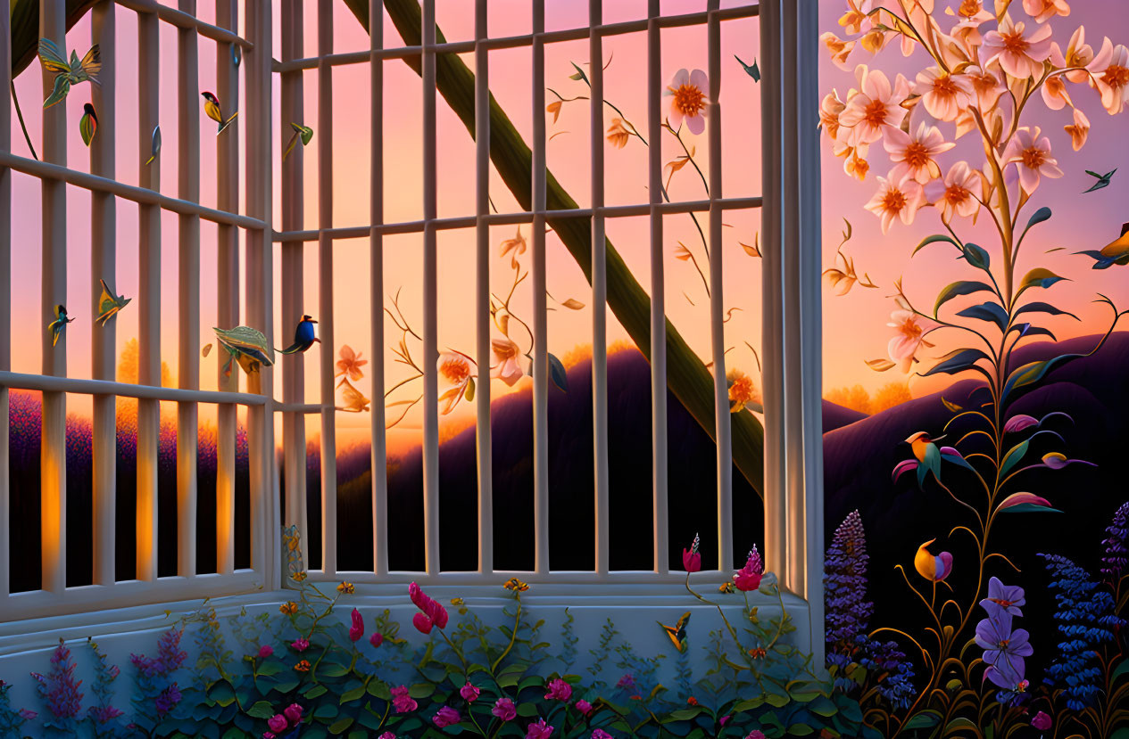 Tranquil sunset view through white trellis with climbing flowers