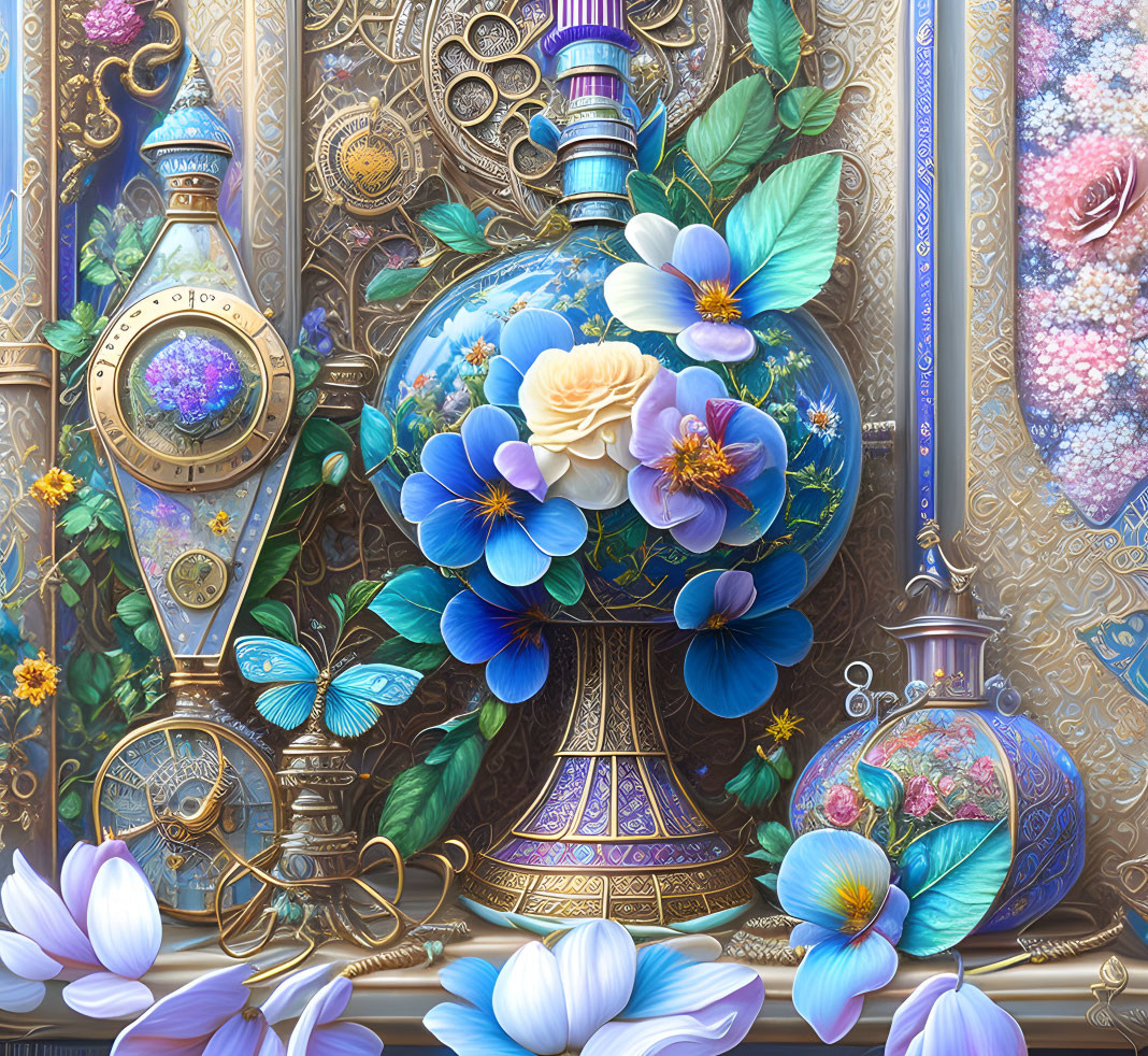 Vibrant blue and gold vases, pocket watches, flowers, butterflies, and filigree