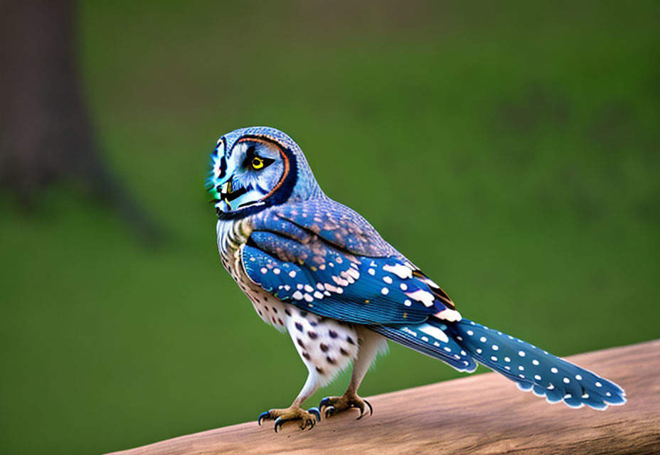 Vibrant blue owl with intricate patterns on wooden surface against green background