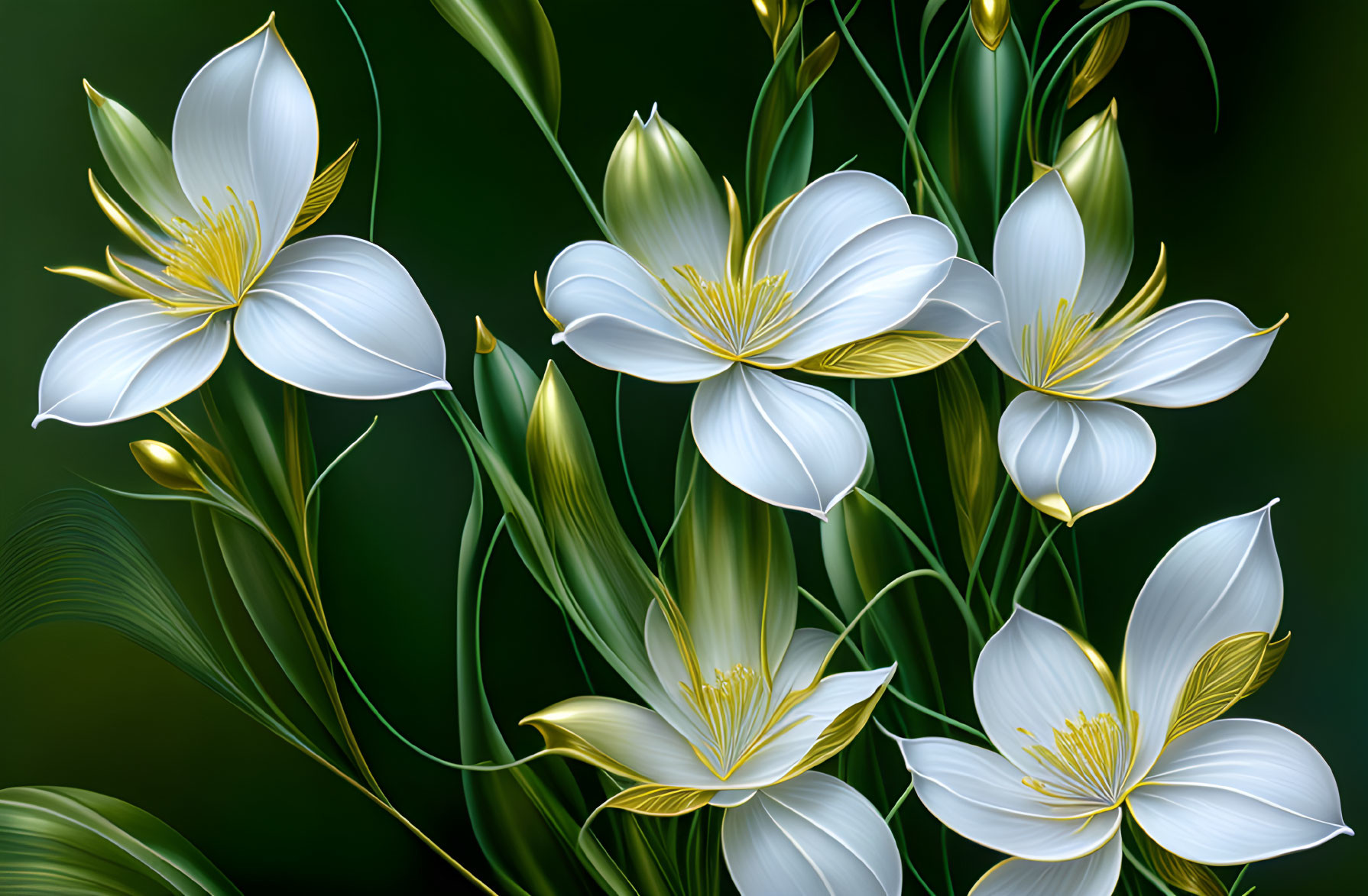 White Flowers with Yellow Stamens and Green Leaves on Dark Green Background