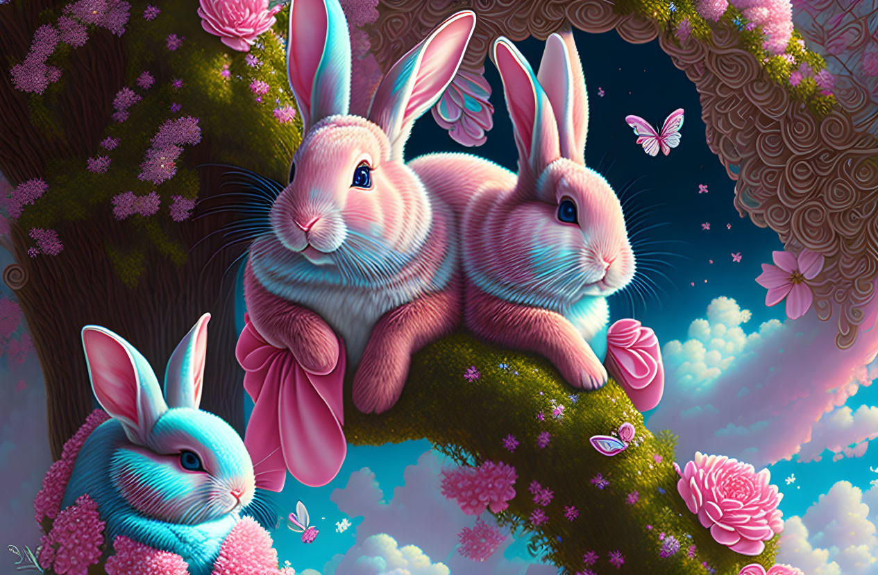Realistic rabbits and blue rabbit on whimsical tree branch with butterflies and pink blossoms