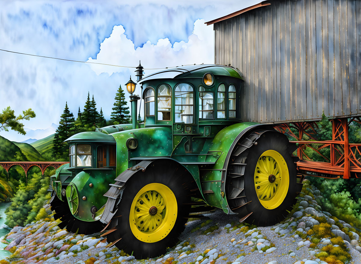 Vintage Green Tractor with Yellow Wheels by Wooden Barn