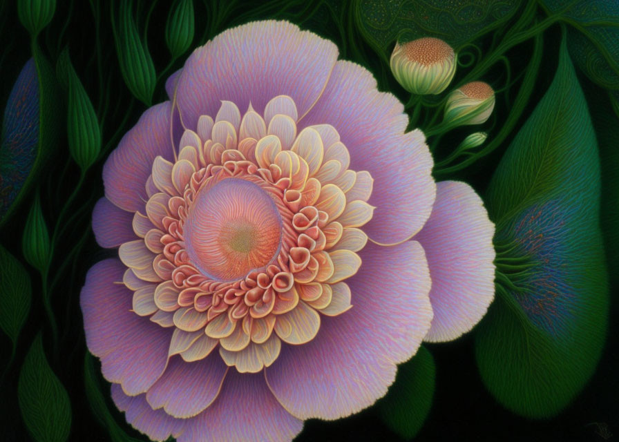 Detailed Pink Flower Illustration with Intricate Petal Patterns on Dark Background
