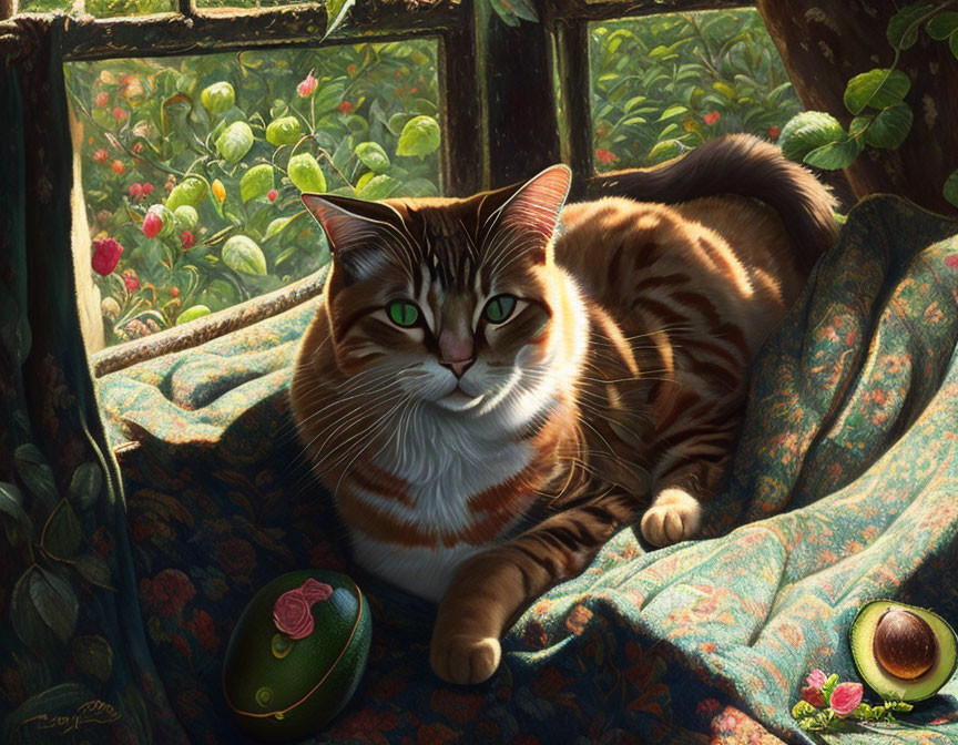 Tabby Cat with Green Eyes on Floral Cushion Near Window and Avocado