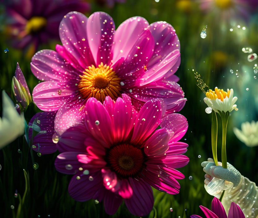 Close-up of vibrant pink daisies with water droplets and sparkling light effects