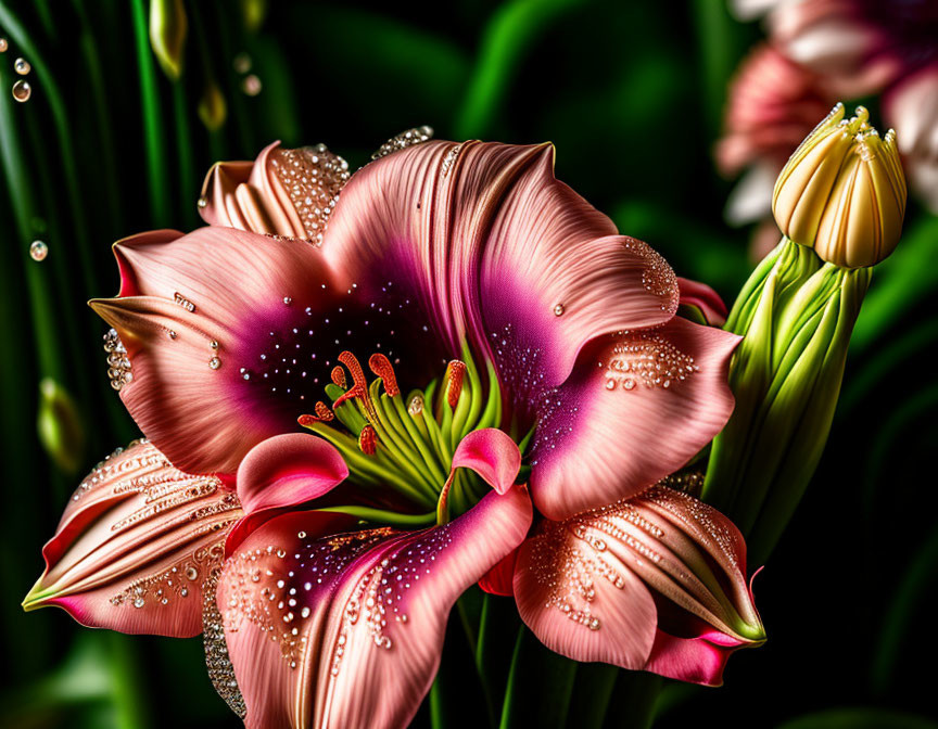 Detailed Close-Up of Vibrant Pink Lily with Prominent Stamens and Glistening Water Droplets