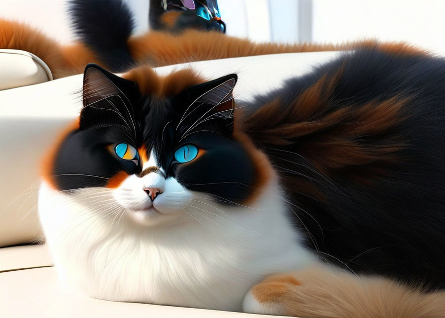 Fluffy Black and White Cat with Blue Eyes and Bushy Tail