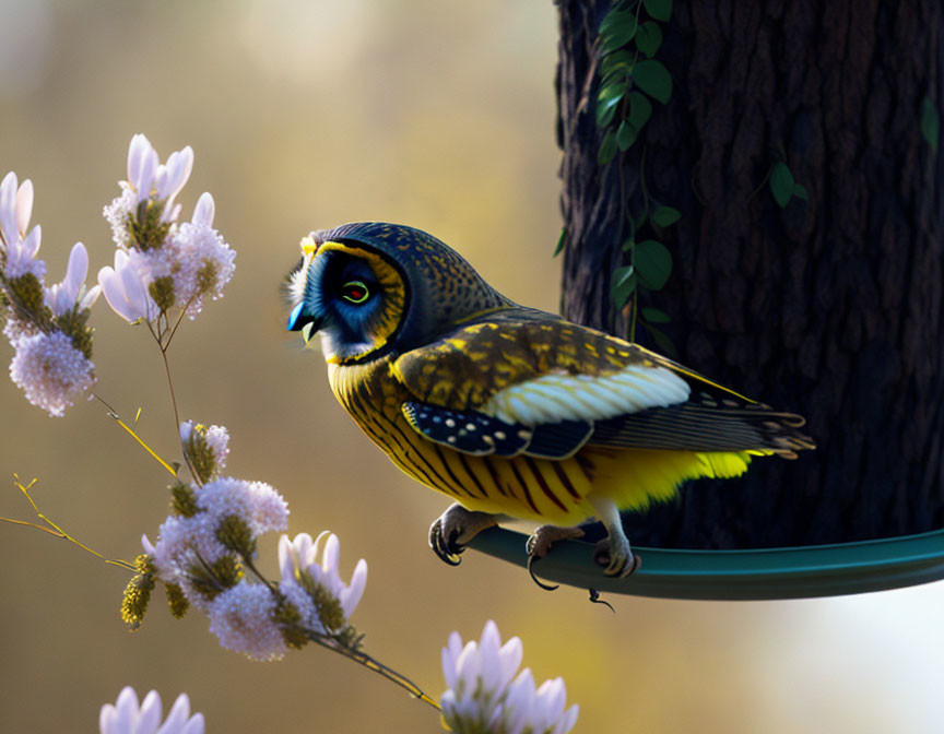 Vibrant digital artwork of a fantastical owl on a branch