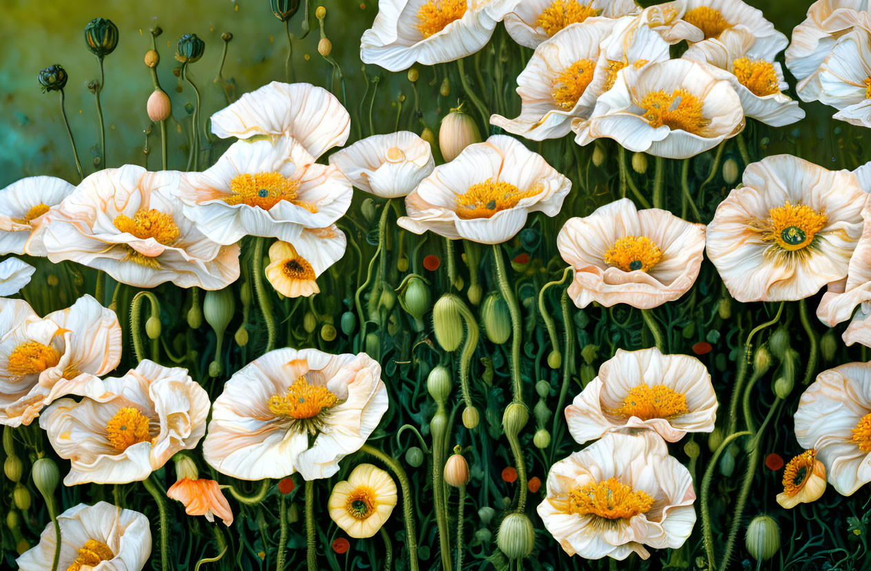 White Poppies with Yellow Centers on Teal Background