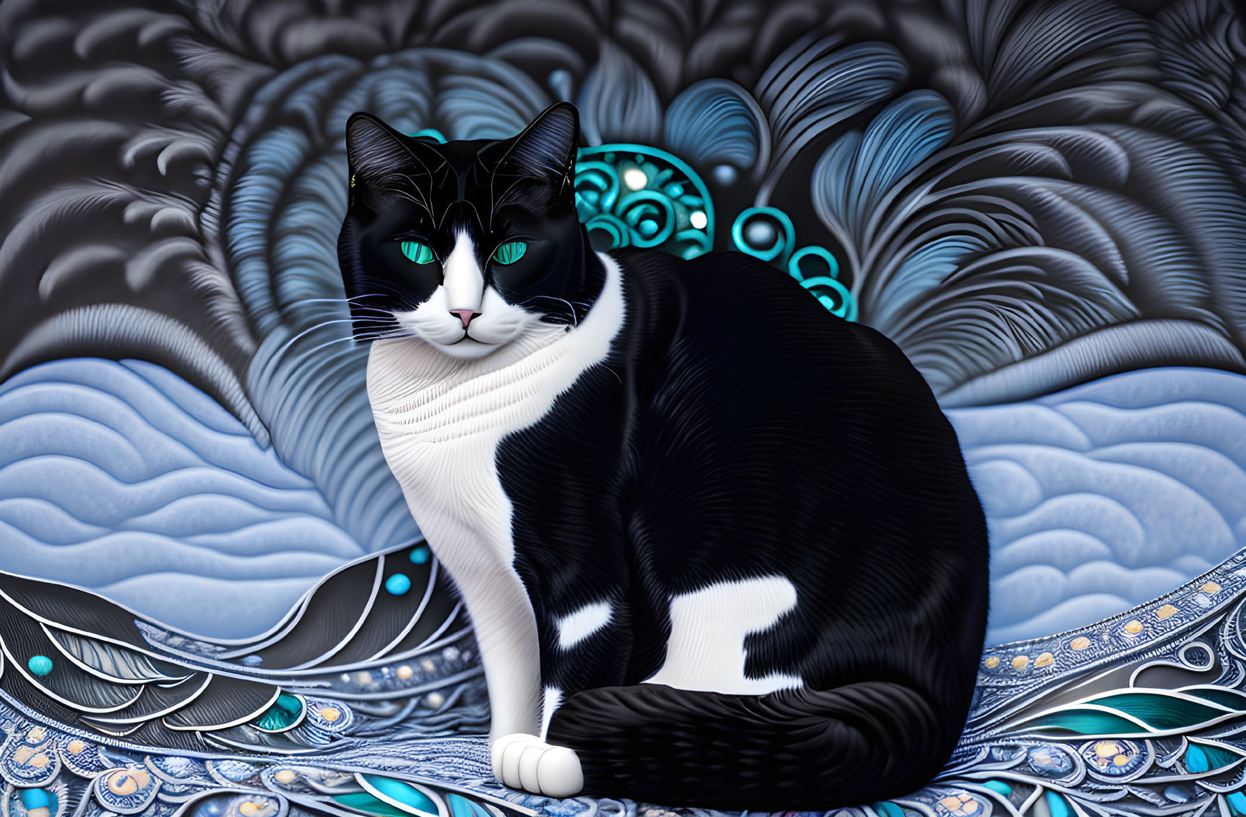 Black and White Cat with Green Eyes on Blue and White Patterned Background