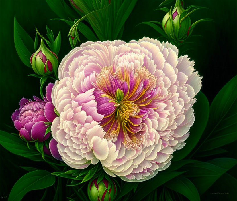 Detailed Illustration of Large Pink and White Peony with Buds and Green Leaves