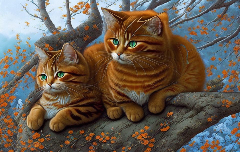 Two orange tabby cats with green eyes on tree branch in autumn.