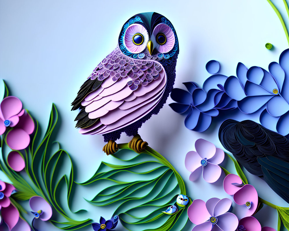 Colorful Owl Art Among Vibrant Paper Flowers on Blue Gradient