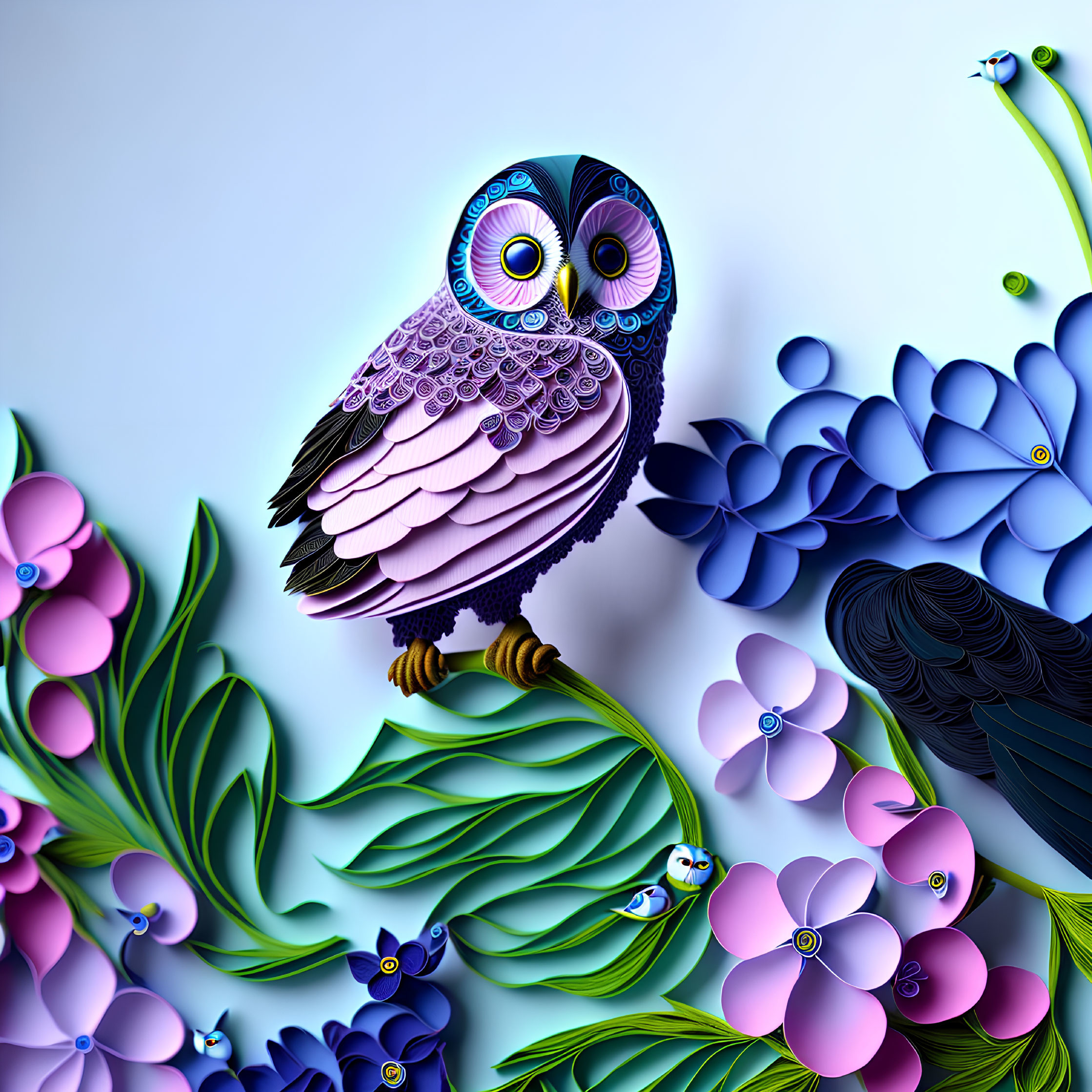 Colorful Owl Art Among Vibrant Paper Flowers on Blue Gradient