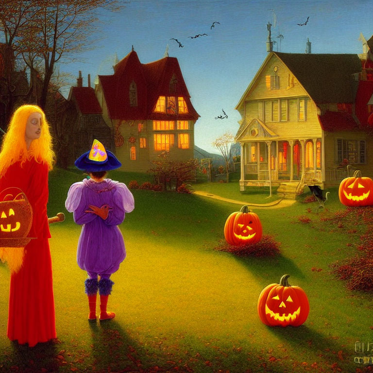 Child in Witch Costume in Halloween Scene with Lantern, Jack-o'-lanterns, Bats,
