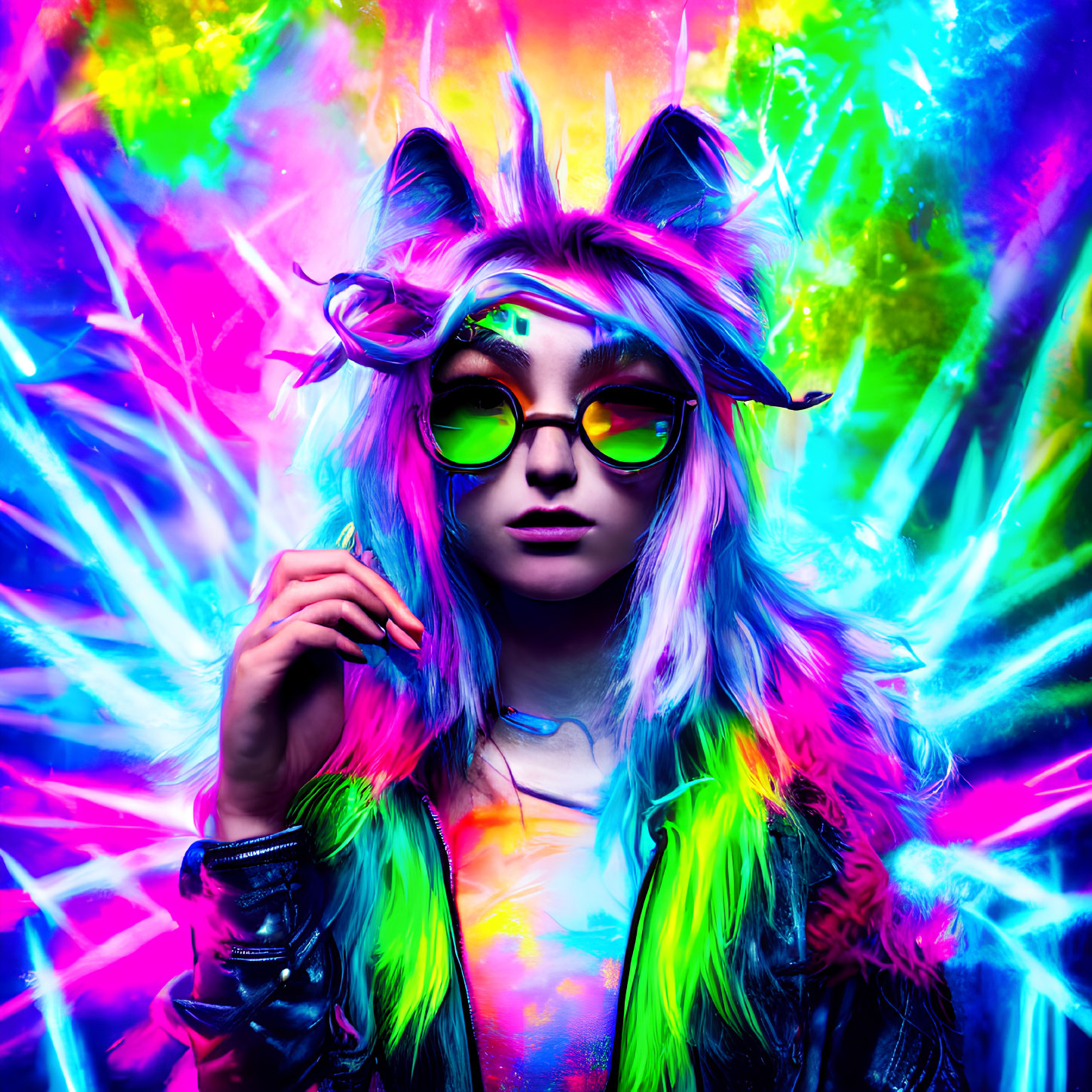 Colorful Hair and Fur Ears on Person with Green Glasses in Neon Setting