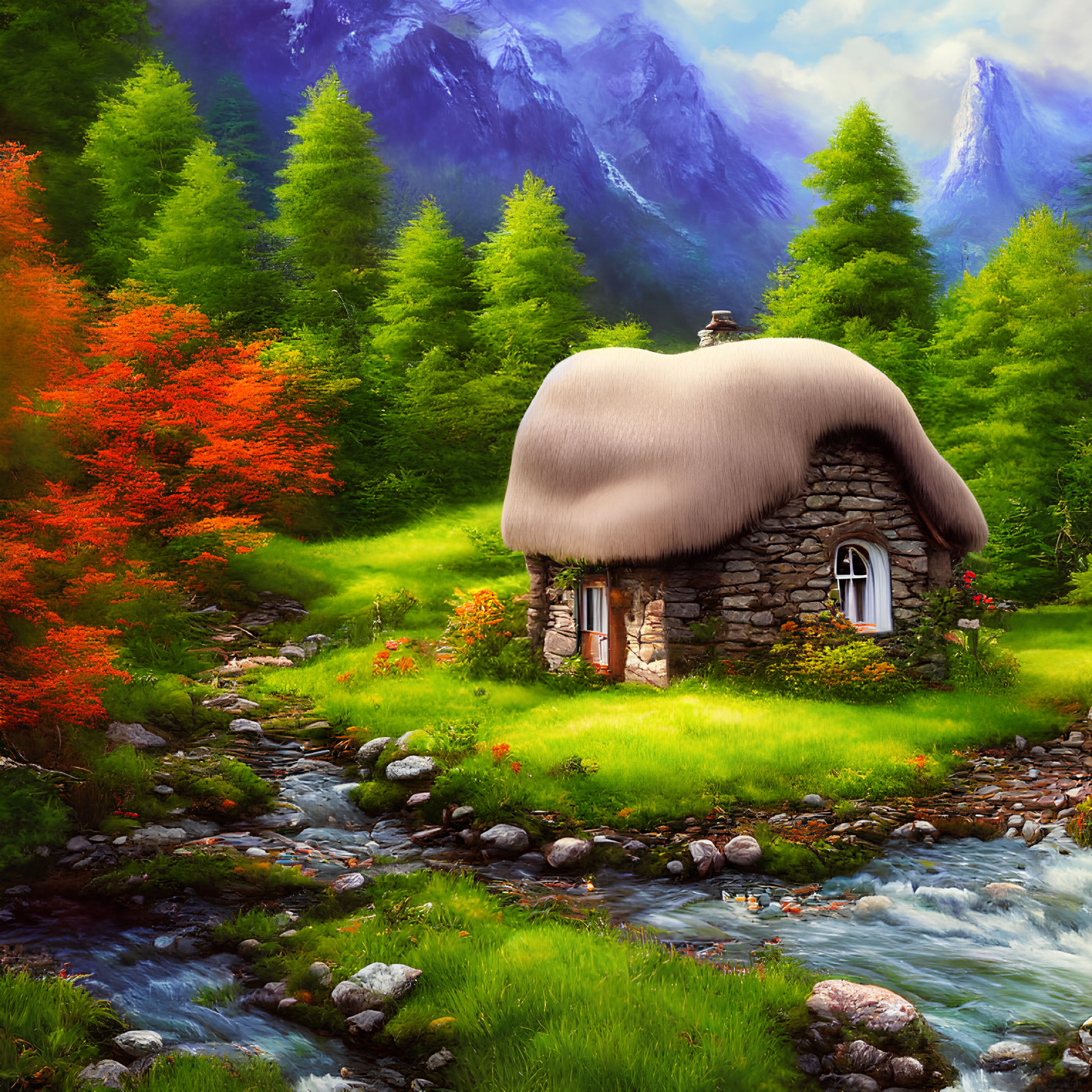 Stone Cottage with Thatched Roof by Stream in Colorful Forest