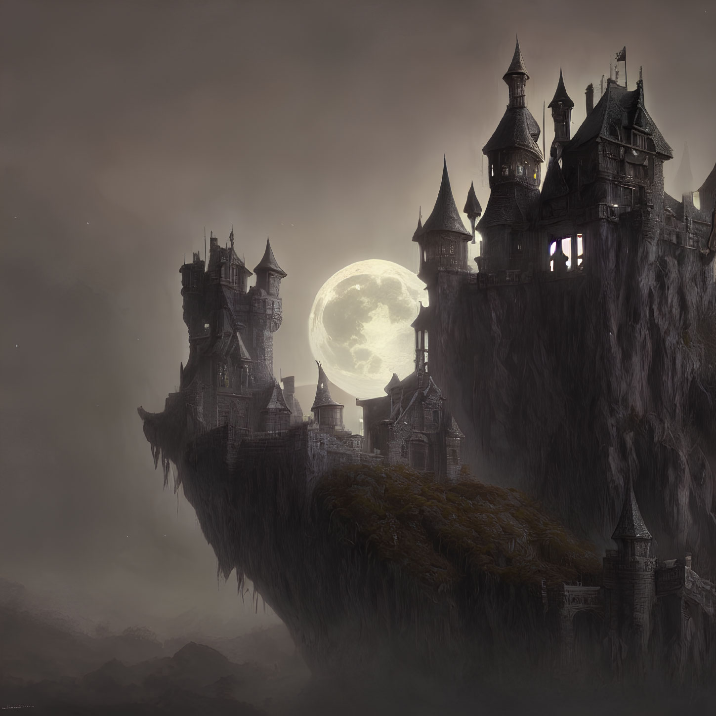 Gothic castle on cliff under full moon with foggy atmosphere