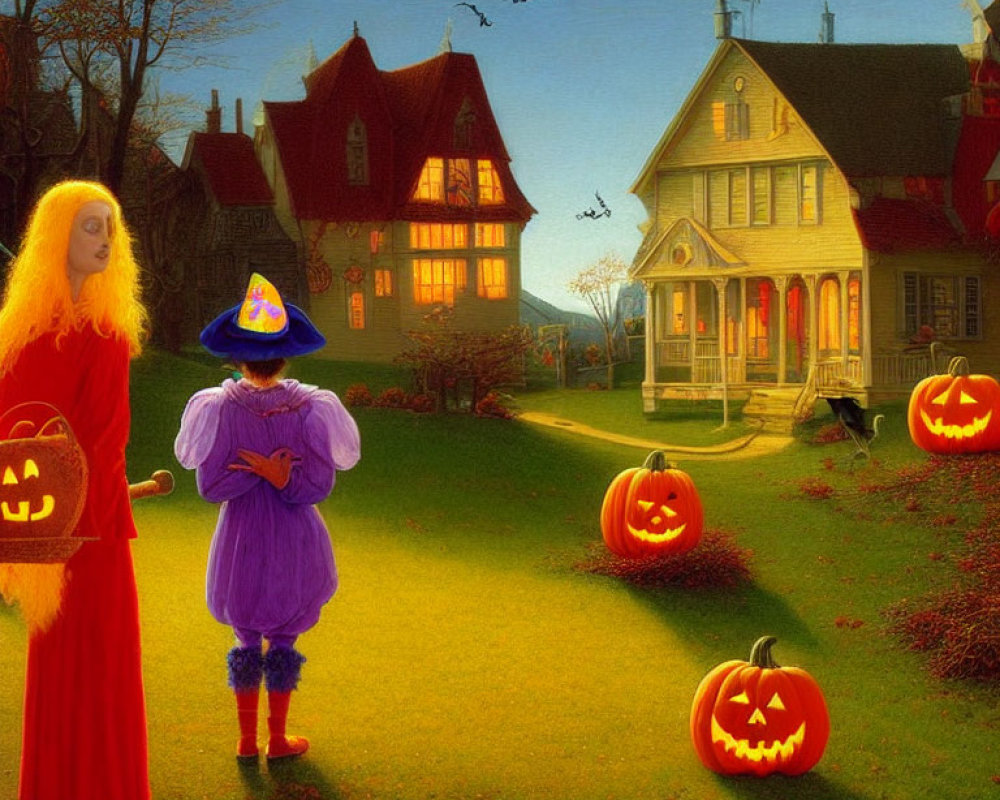 Child in Witch Costume in Halloween Scene with Lantern, Jack-o'-lanterns, Bats,