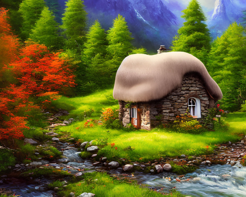 Stone Cottage with Thatched Roof by Stream in Colorful Forest