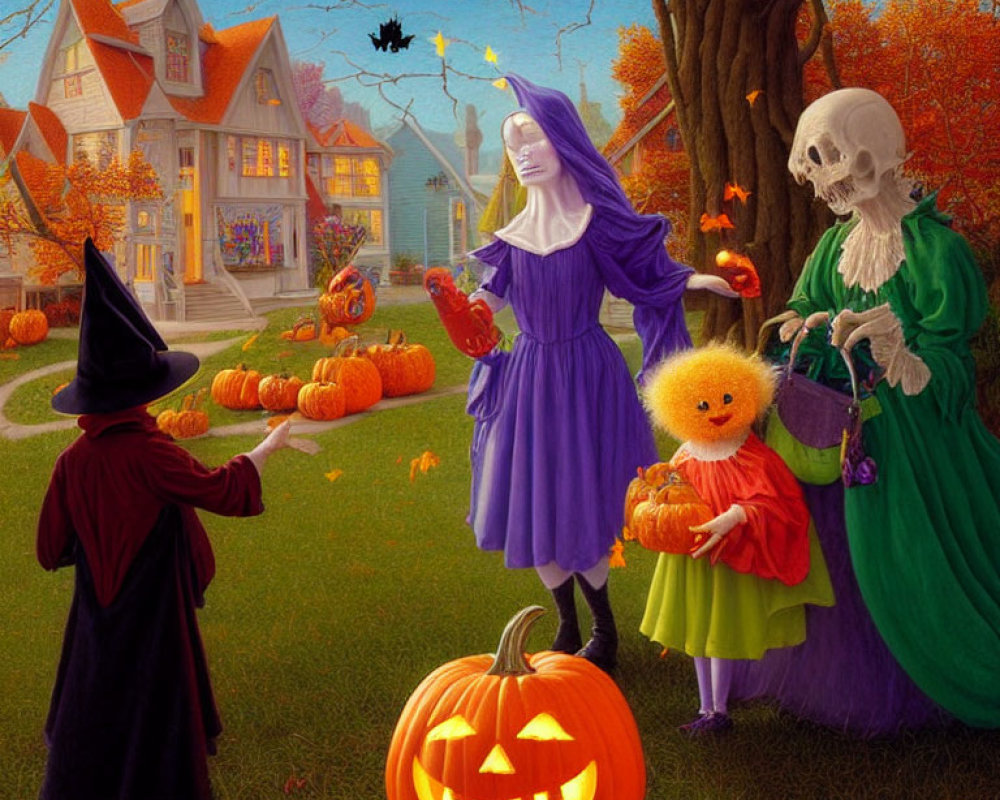 Festive Halloween Scene with Costumed Individuals and Jack-o'-lanterns