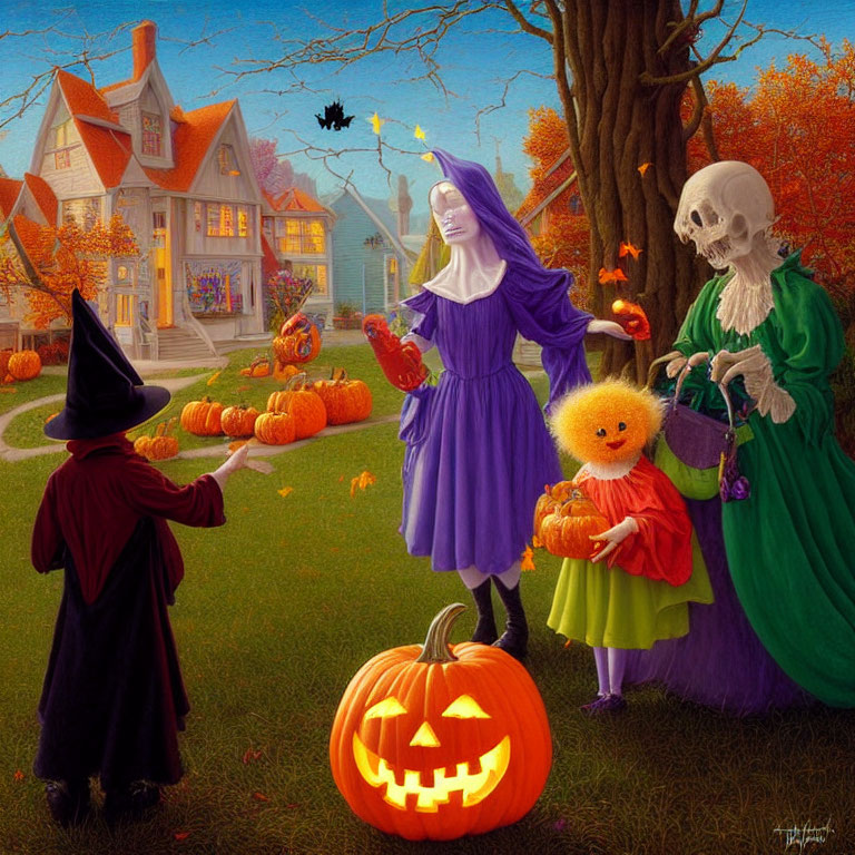 Festive Halloween Scene with Costumed Individuals and Jack-o'-lanterns