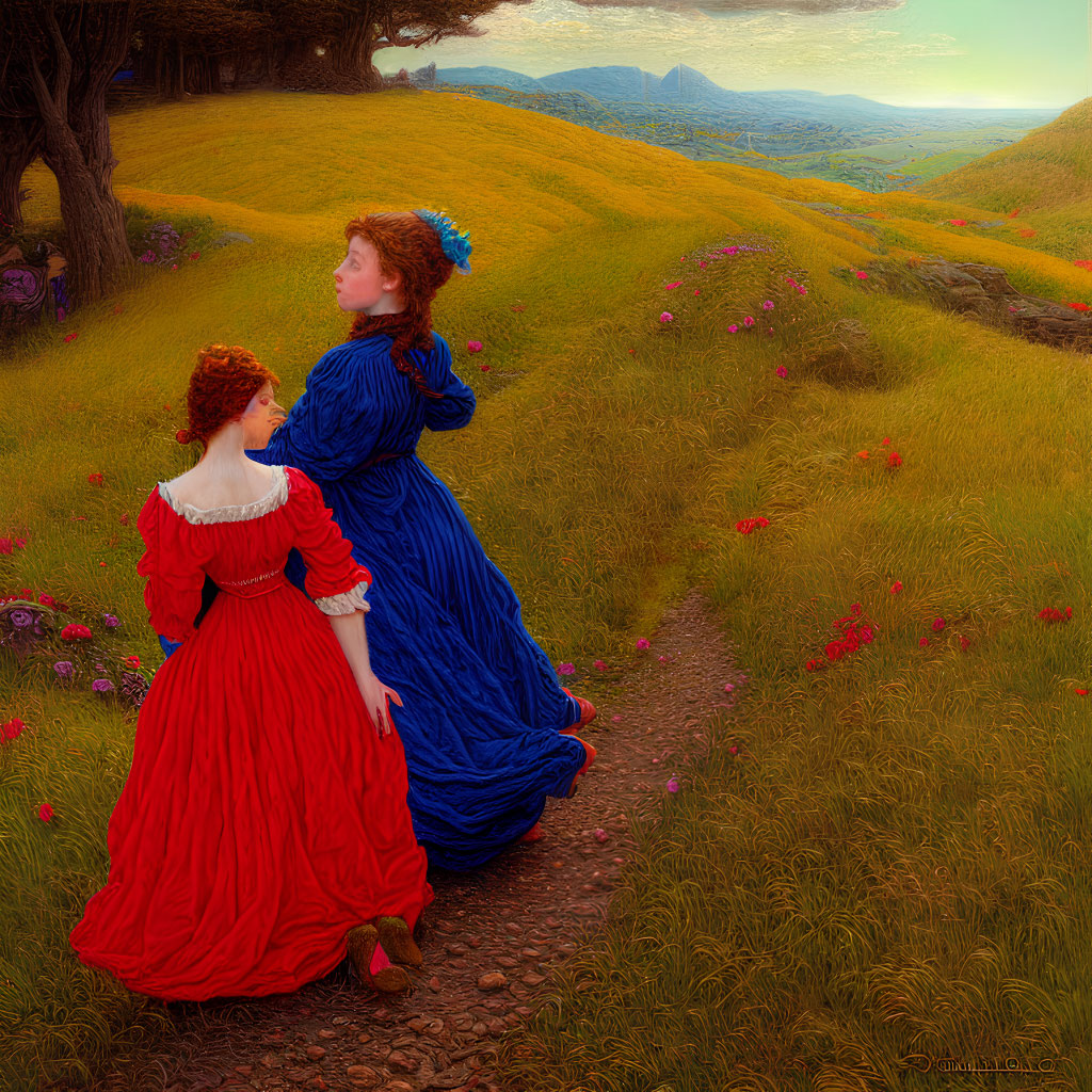 Victorian women walking in vibrant meadow under golden sky