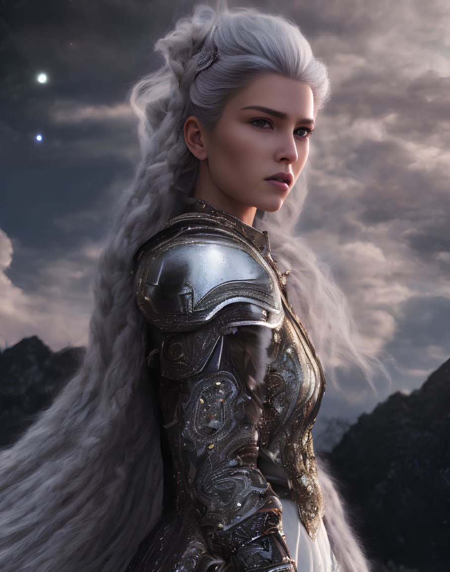 Fantasy warrior woman with white hair in metallic armor against cloudy sky
