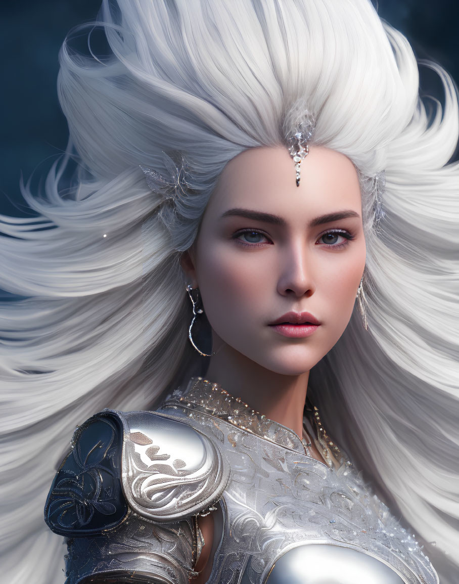 Woman in Silver Armor with Long White Hair and Determined Expression