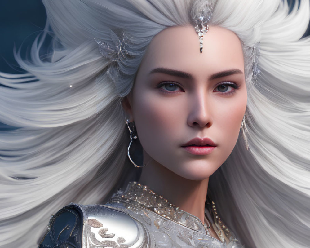 Woman in Silver Armor with Long White Hair and Determined Expression