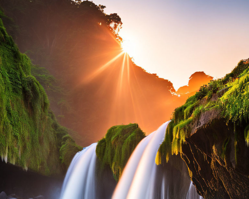 Sunbeams through lush greenery over cascading waterfall