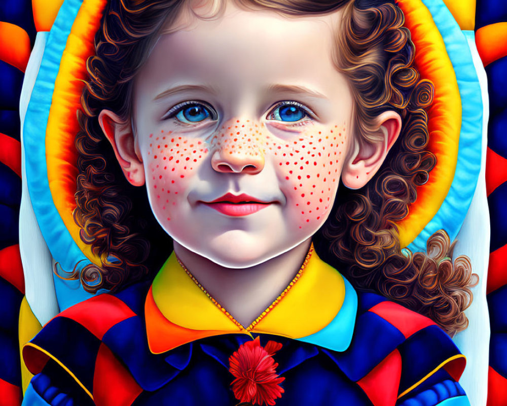 Colorful portrait of a young girl with curly hair, freckles, and blue eyes in mult