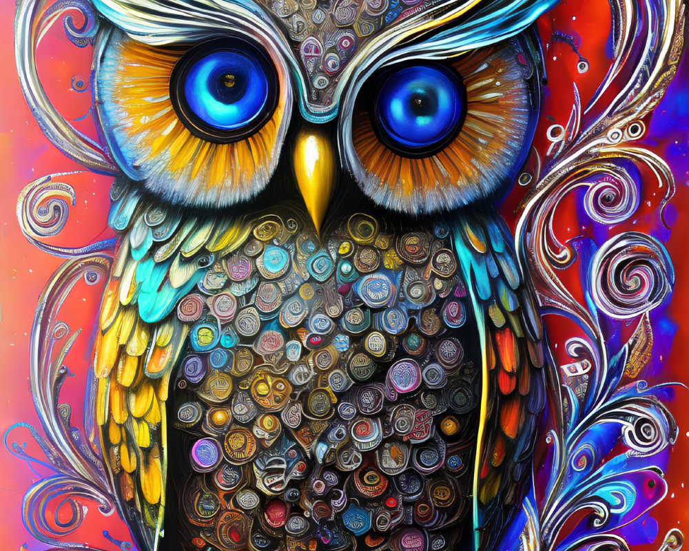 Colorful Stylized Owl Artwork with Blue Eyes and Abstract Background