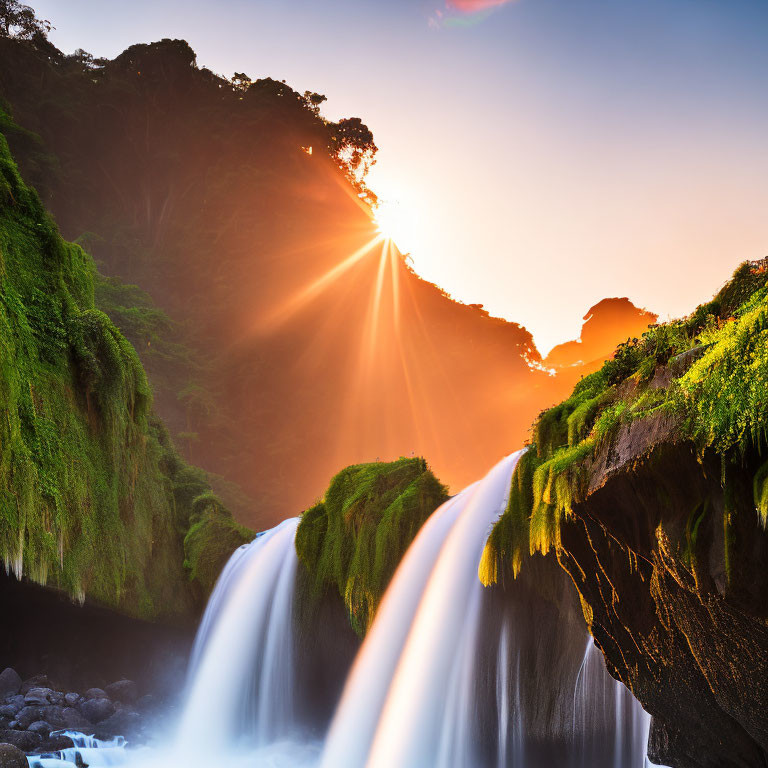 Sunbeams through lush greenery over cascading waterfall