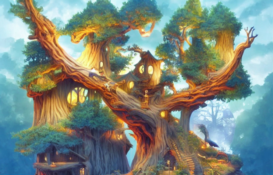 Majestic tree in mystical forest with intricate wooden structures