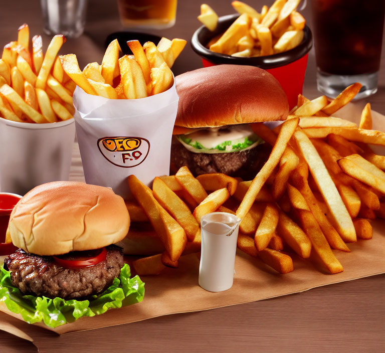 Succulent burger with lettuce and cheese, golden fries, extra fries, and dipping sauce