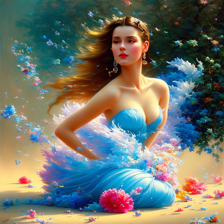 Digital painting of woman in blue dress surrounded by colorful flowers in ethereal forest.