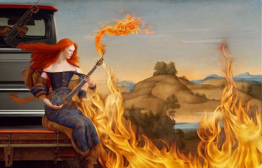 Surreal painting of red-haired woman playing lute with flames in classic landscape