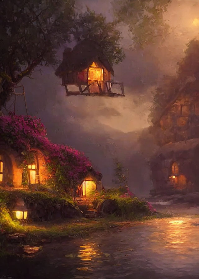 Tranquil riverside scene at dusk with illuminated treehouse and ivy-covered cottage