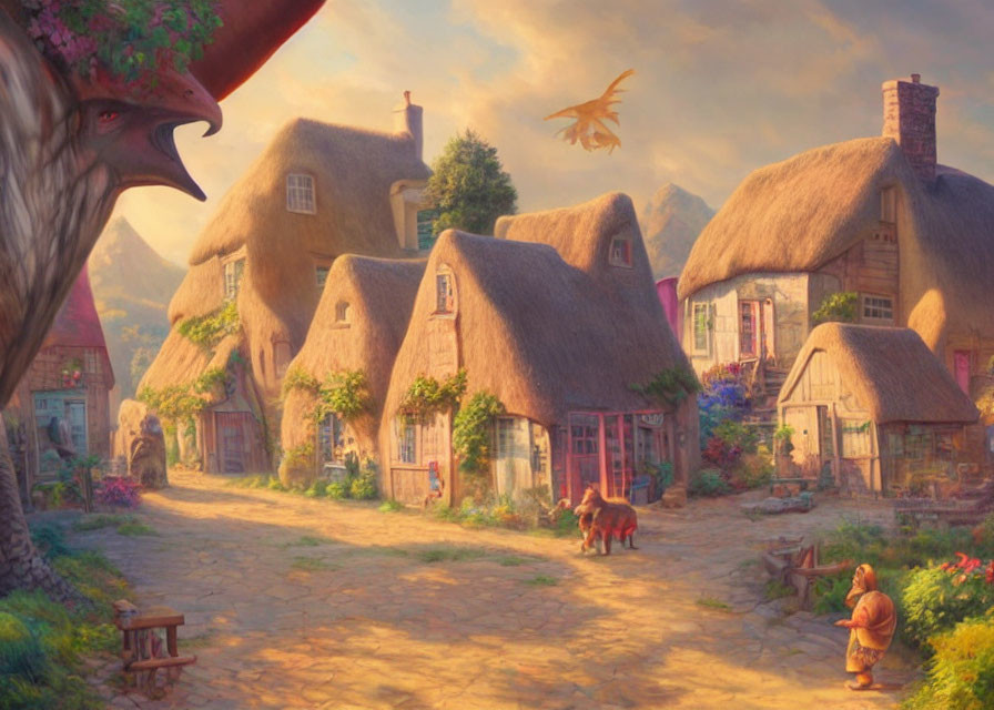 Thatched cottages and whimsical creatures in glowing sunset