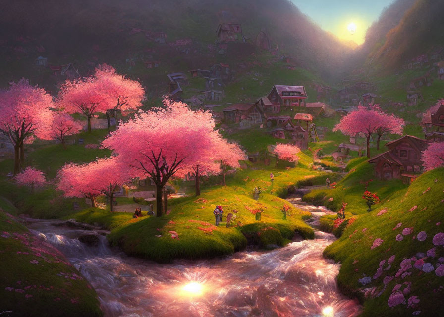 Scenic village with cherry blossoms, streams, and sunset glow