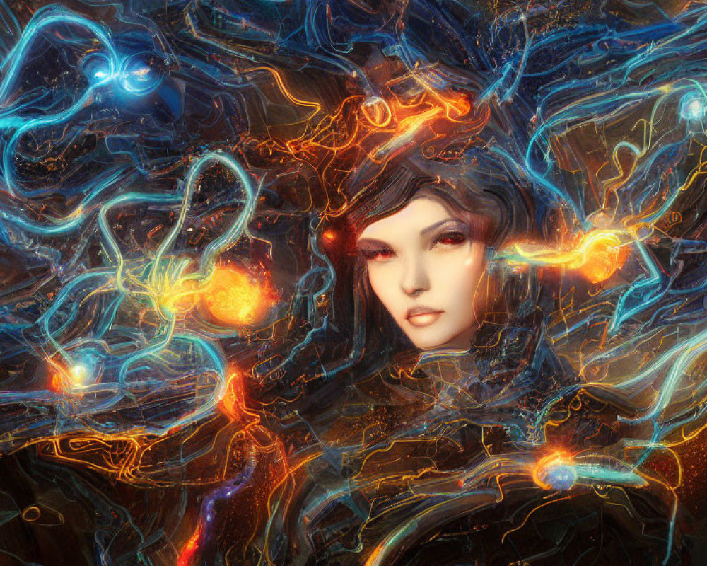 Surreal portrait of woman in blue and orange energy swirls