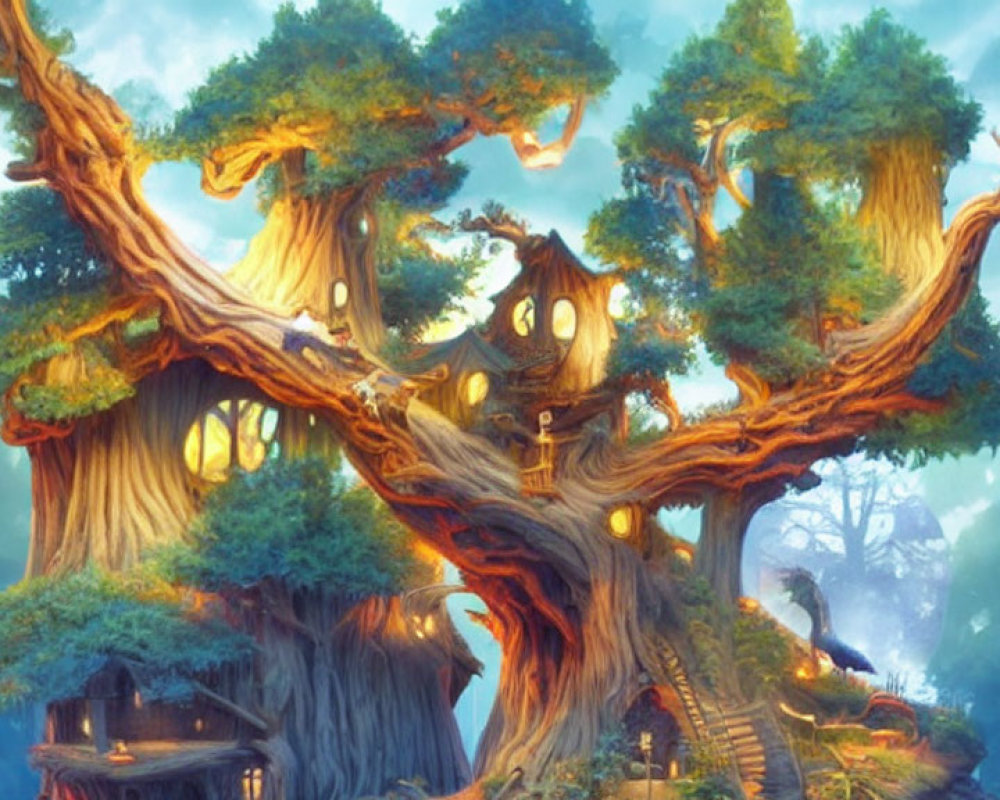 Majestic tree in mystical forest with intricate wooden structures